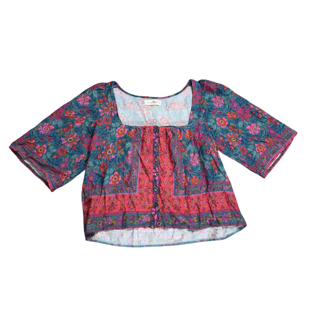 Natural Life Floral Patchwork Top Womens Small Teal Pink Excellent Boho Top